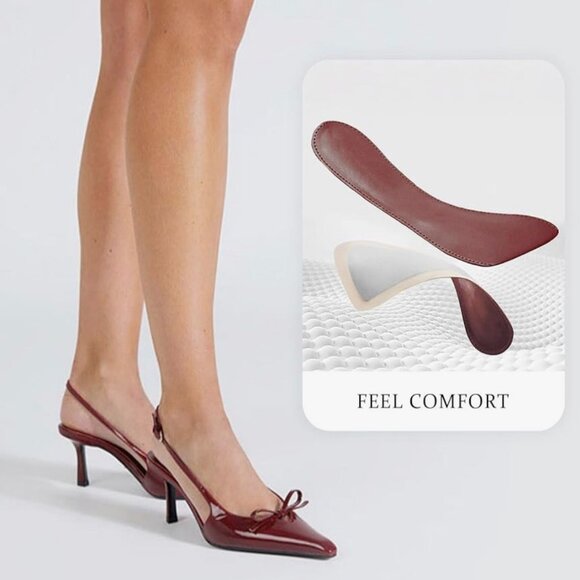 Shoes - MAVMAX Burgundy Patent Bow Slingback Kitten Heels – Size 9.5